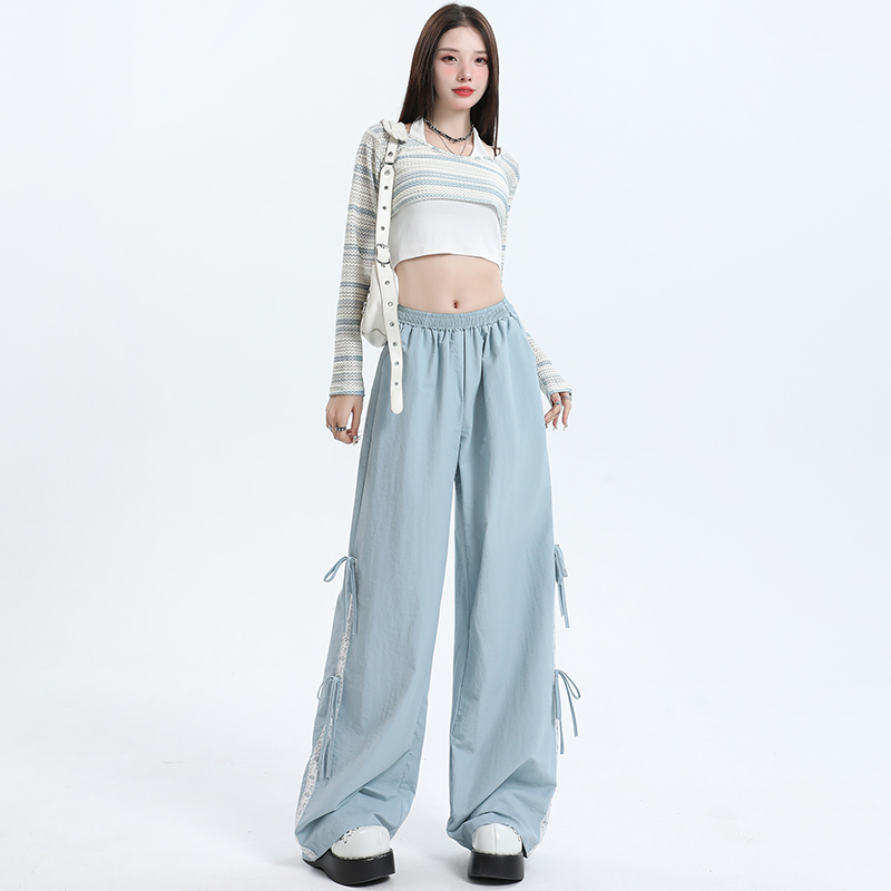 Elastic waist American style all-match lace long pants