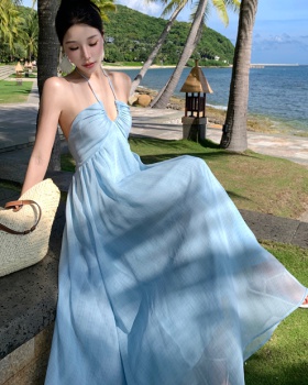 Light-blue plaid long dress refinement sling dress