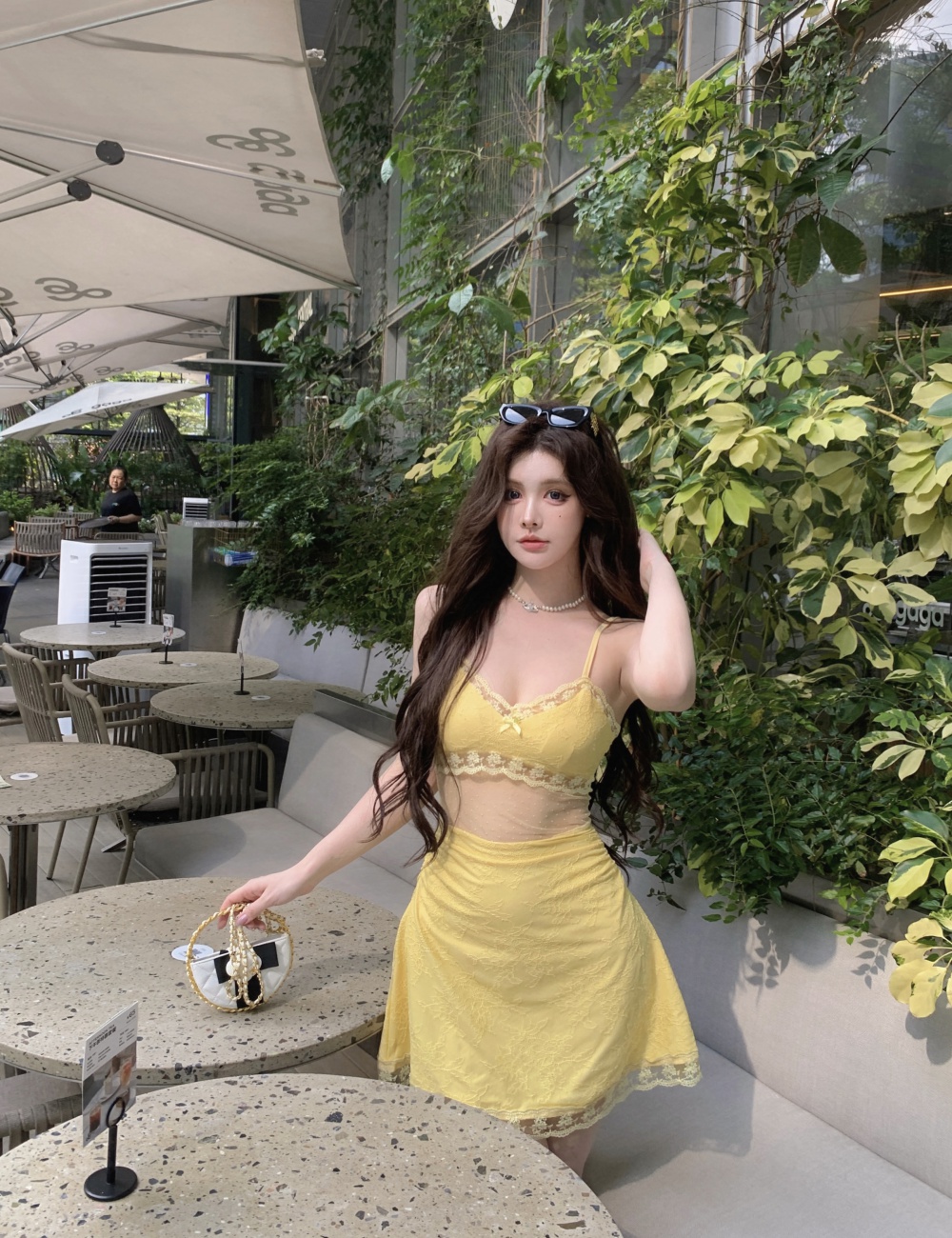 Hollow big skirt sexy enticement yellow dress for women