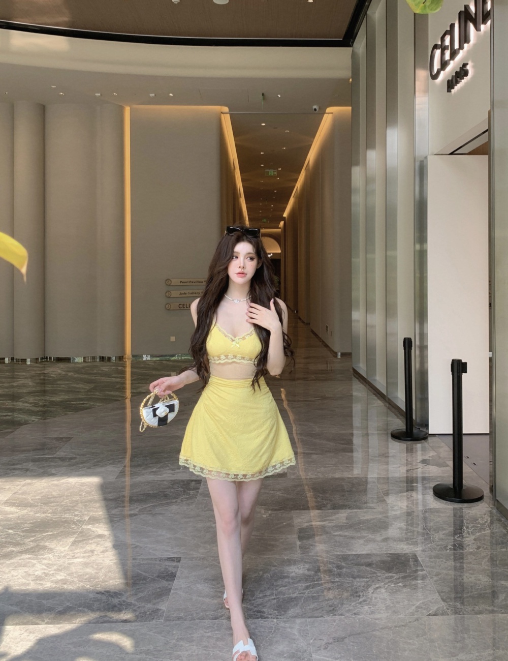 Hollow big skirt sexy enticement yellow dress for women