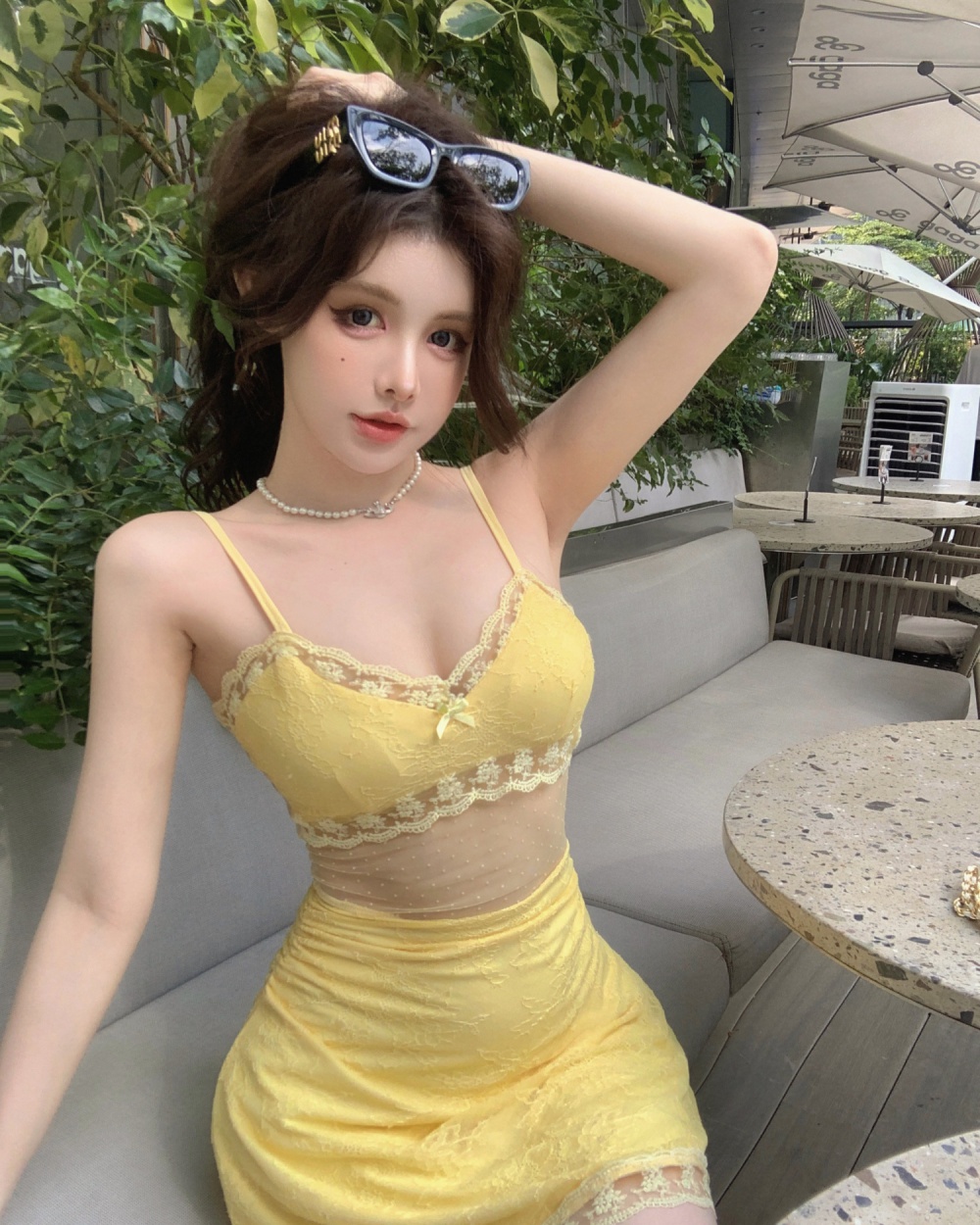 Hollow big skirt sexy enticement yellow dress for women