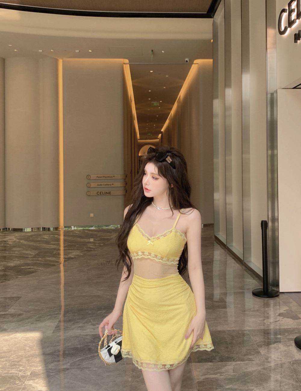 Hollow big skirt sexy enticement yellow dress for women