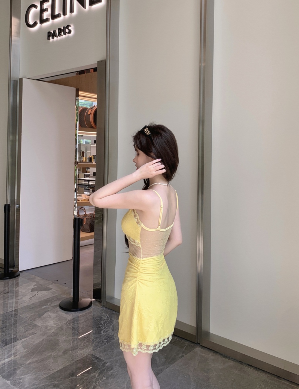 Hollow big skirt sexy enticement yellow dress for women