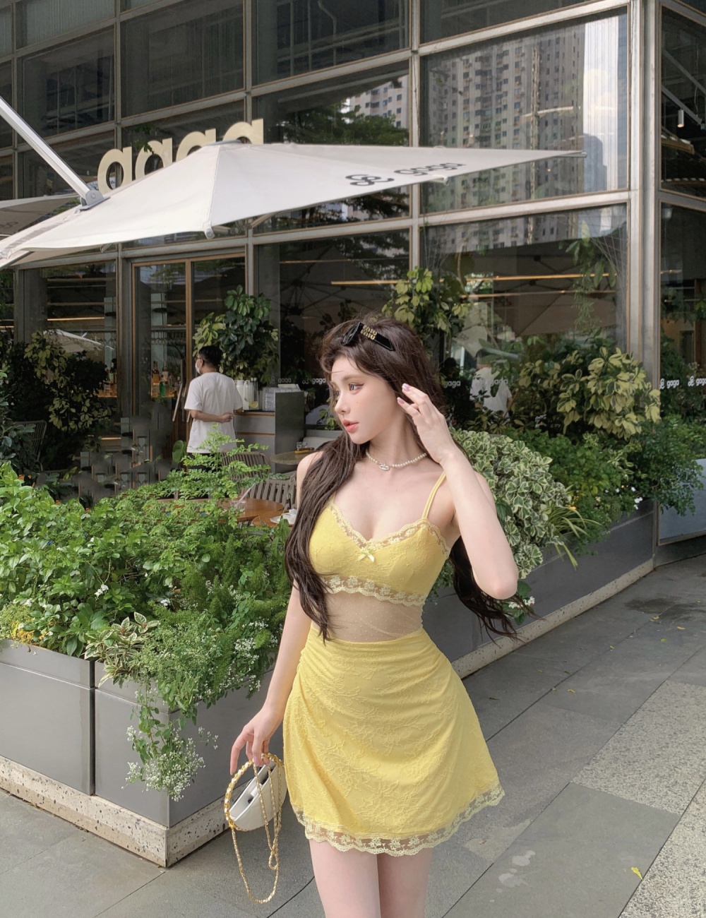 Hollow big skirt sexy enticement yellow dress for women