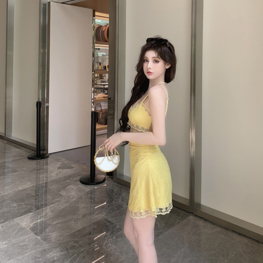 Hollow big skirt sexy enticement yellow dress for women