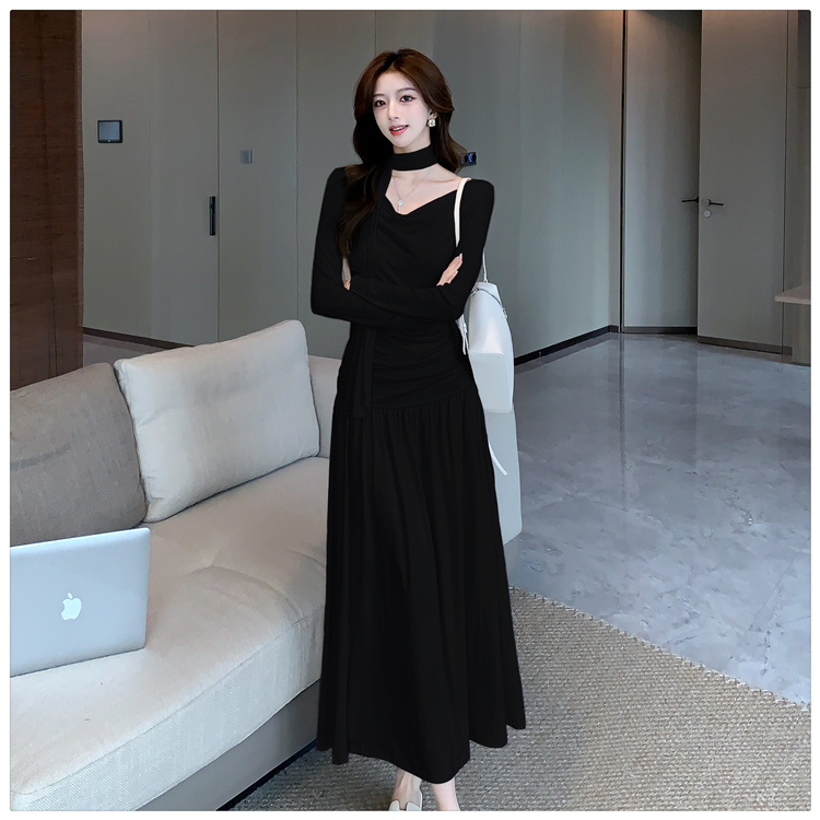 Niche fold halter long dress lazy autumn soft dress