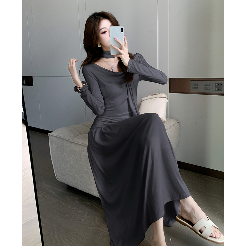 Niche fold halter long dress lazy autumn soft dress