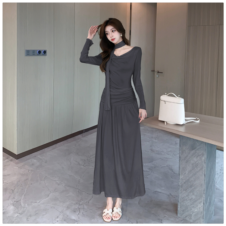 Niche fold halter long dress lazy autumn soft dress