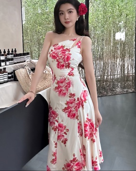 Sloping shoulder colors long dress for women