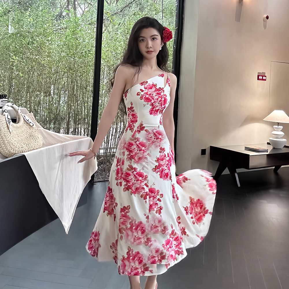 Sloping shoulder colors long dress for women