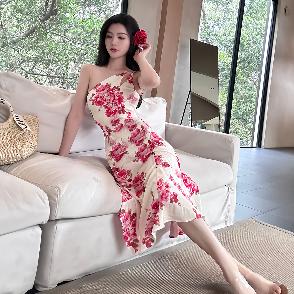 Sloping shoulder colors long dress for women