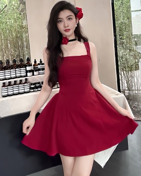 Vacation red pinched waist was white dress for women