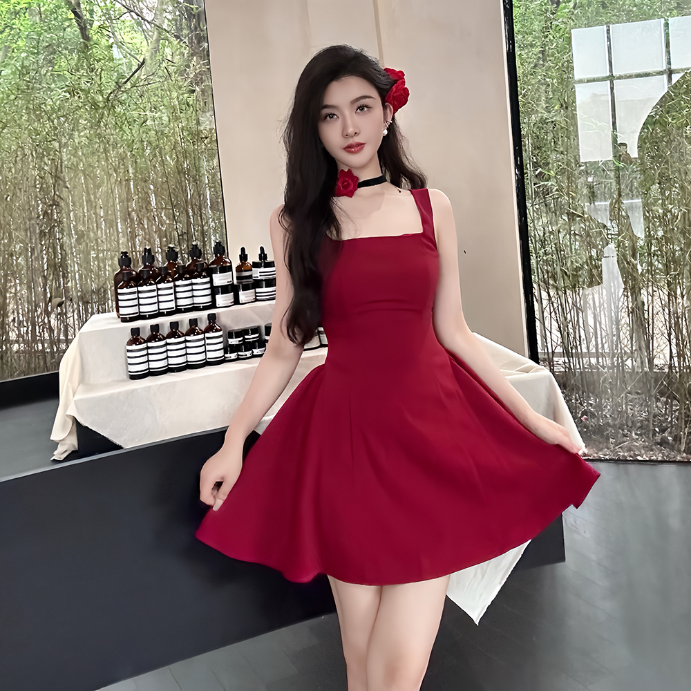 Vacation red pinched waist was white dress for women