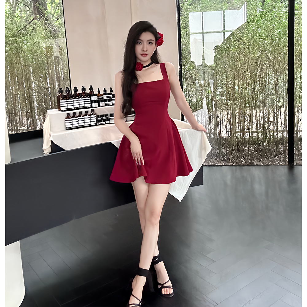 Vacation red pinched waist was white dress for women