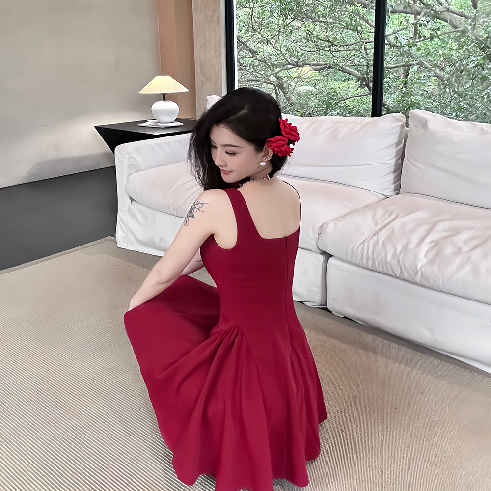 Vacation red pinched waist was white dress for women