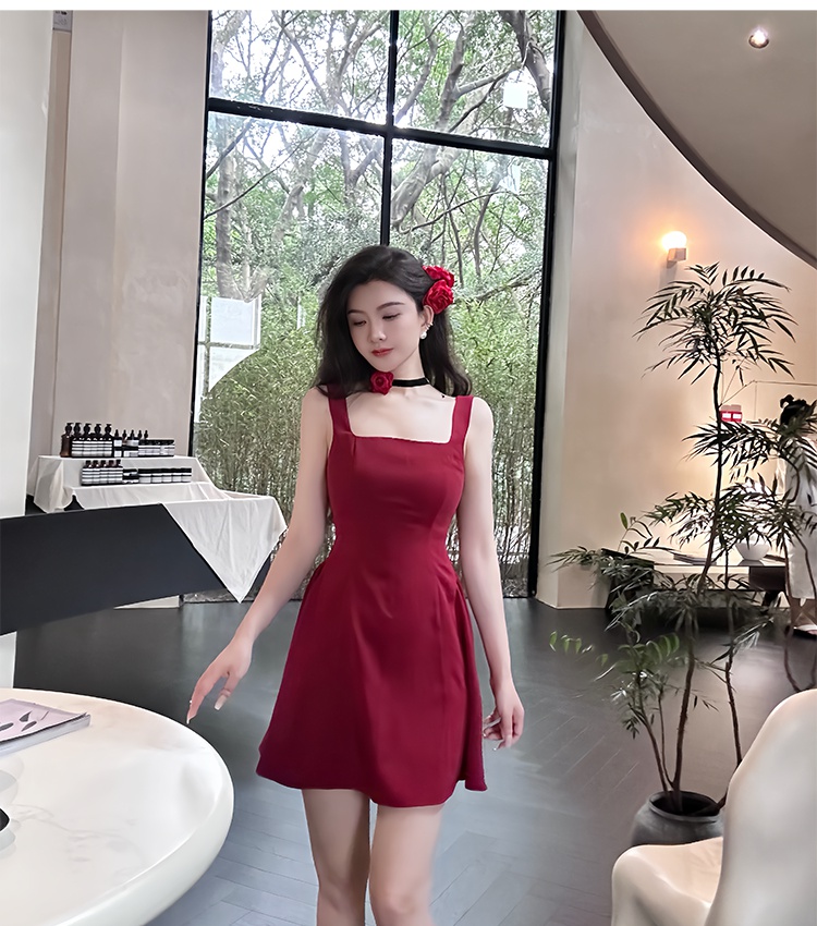 Vacation red pinched waist was white dress for women