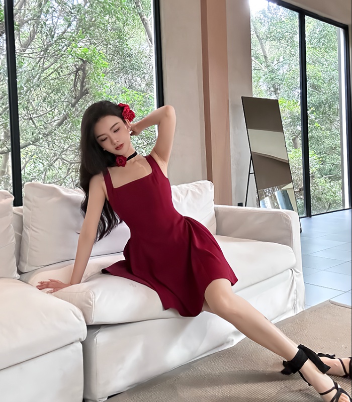 Vacation red pinched waist was white dress for women