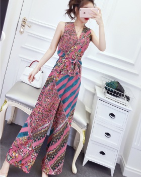 Fashion printing long pants V-neck jumpsuit