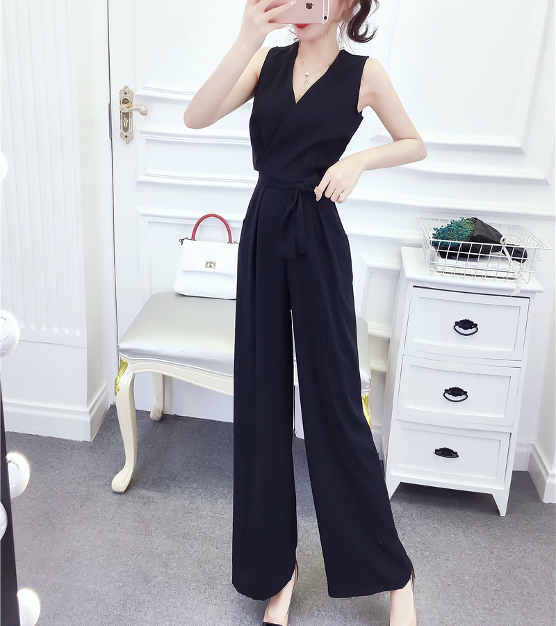 Fashion printing long pants V-neck jumpsuit