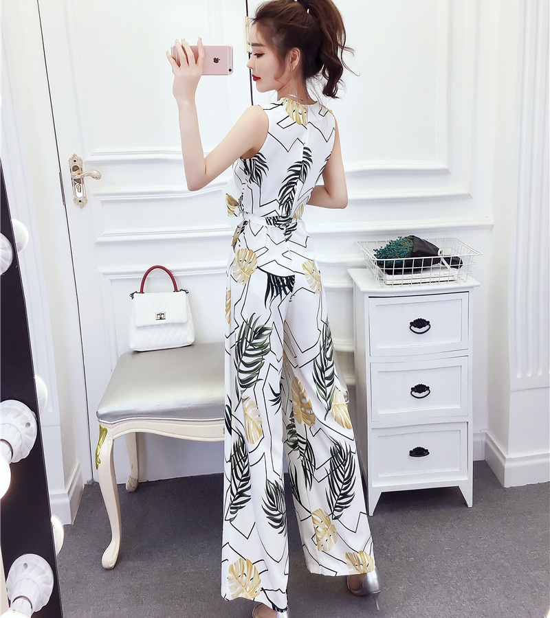 Fashion printing long pants V-neck jumpsuit