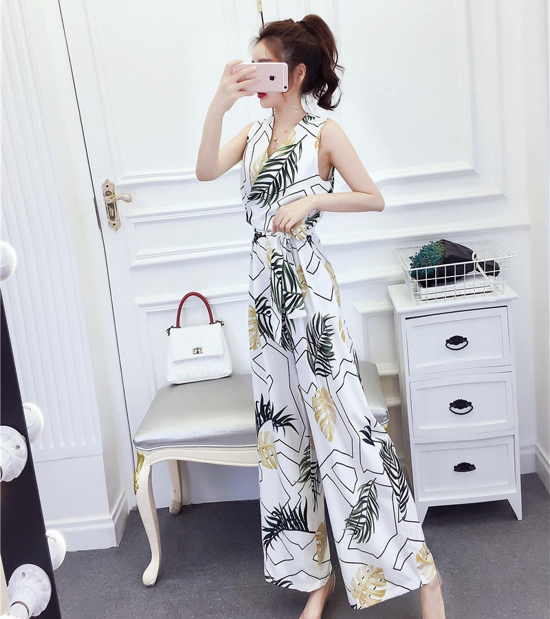 Fashion printing long pants V-neck jumpsuit