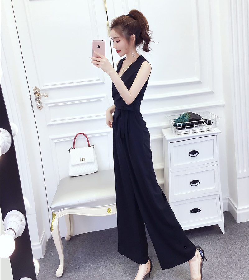 Fashion printing long pants V-neck jumpsuit