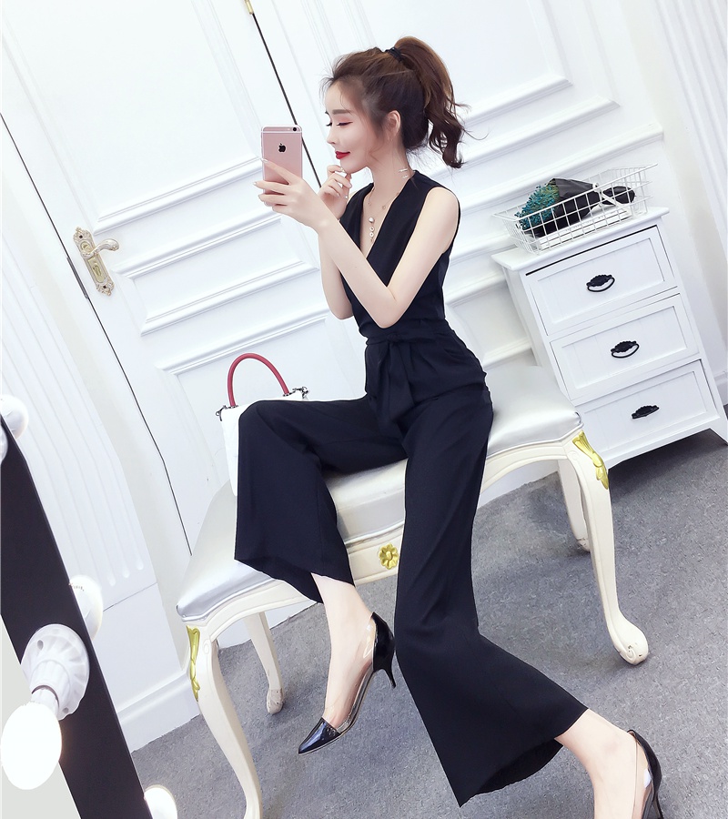 Fashion printing long pants V-neck jumpsuit