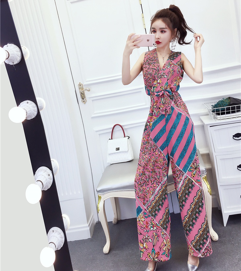 Fashion printing long pants V-neck jumpsuit