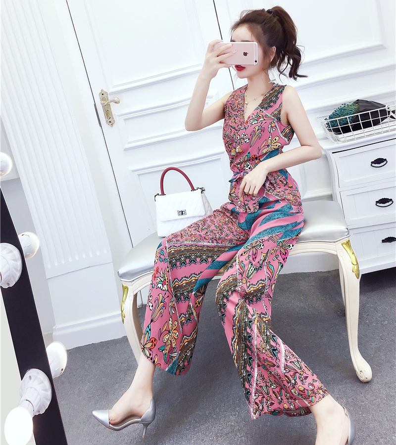 Fashion printing long pants V-neck jumpsuit