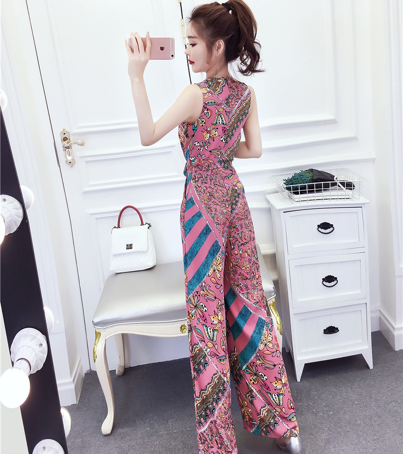 Fashion printing long pants V-neck jumpsuit