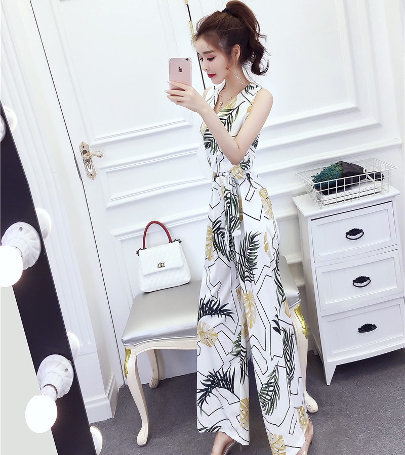 Fashion printing long pants V-neck jumpsuit