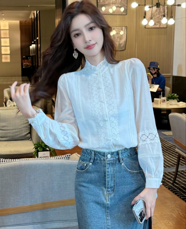 Half high collar white lace splice wood ear autumn shirt