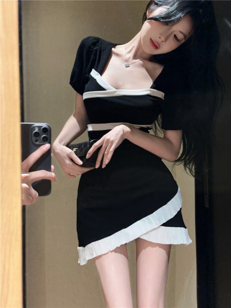 Irregular hem ladies slim France style black-white dress