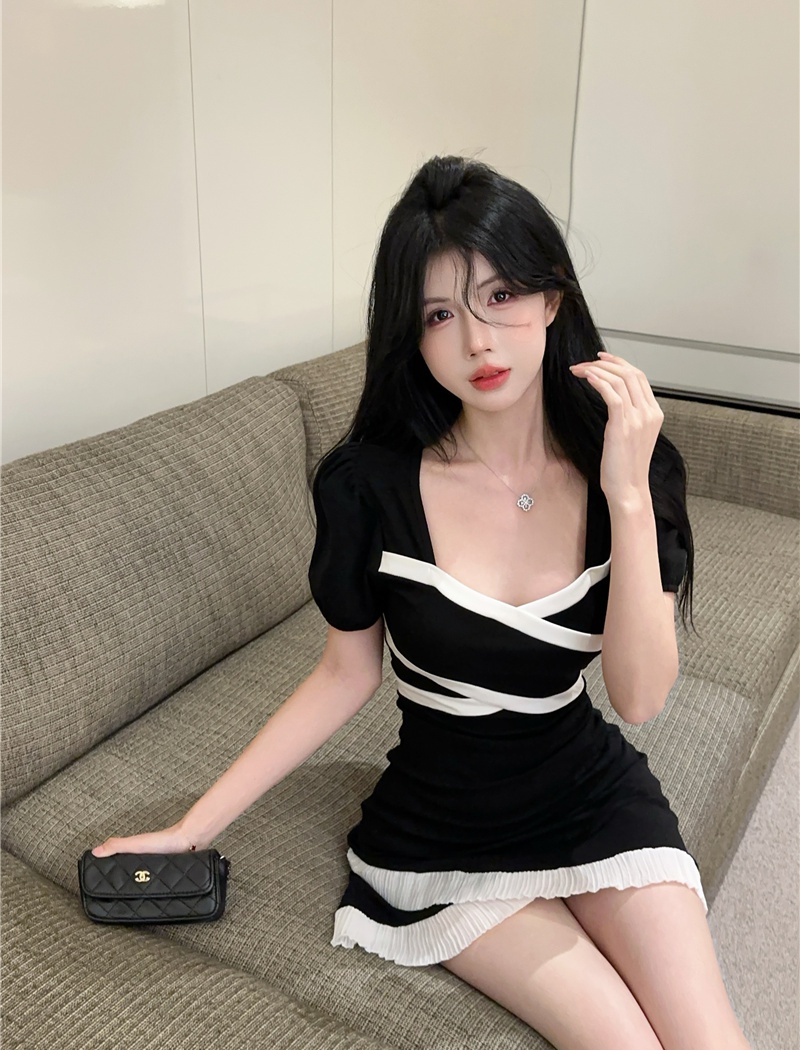 Irregular hem ladies slim France style black-white dress