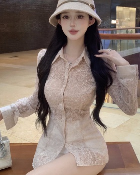 Lace temperament lapel slim jacquard shirt