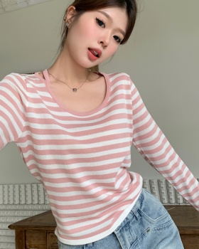 Knitted stripe bottoming shirt all-match tops for women