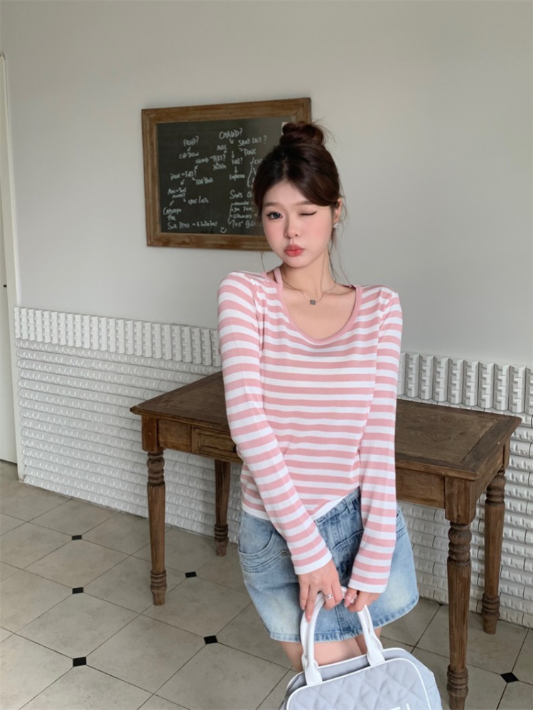 Knitted stripe bottoming shirt all-match tops for women