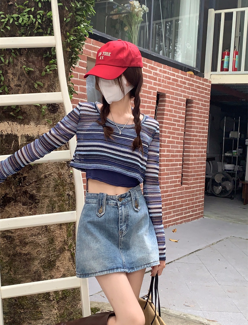 Short stripe tops hollow smock 2pcs set for women