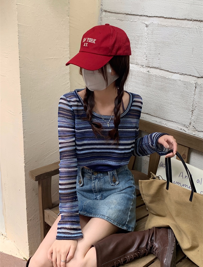 Short stripe tops hollow smock 2pcs set for women