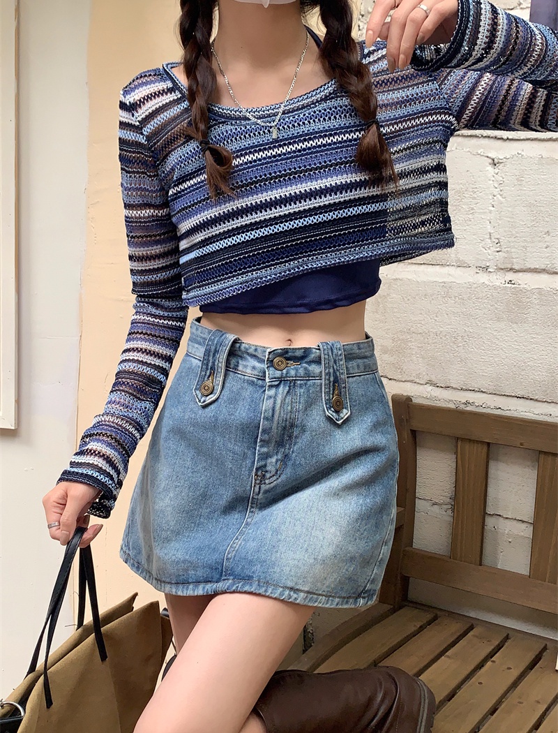 Short stripe tops hollow smock 2pcs set for women