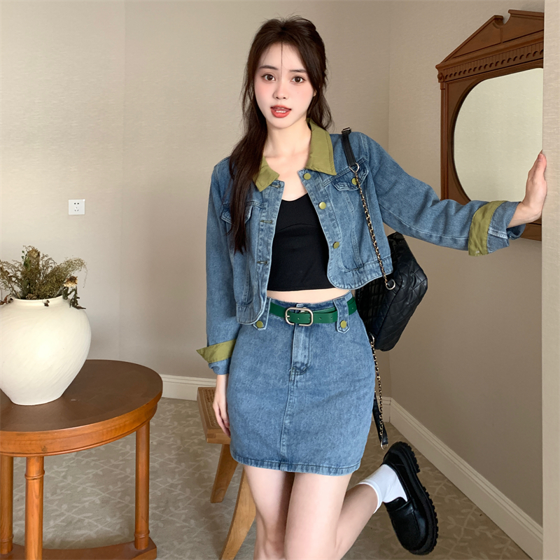 Large yard with belt skirt fashion denim coat a set