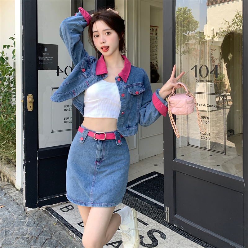 Large yard with belt skirt fashion denim coat a set