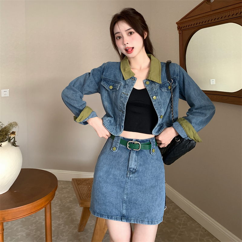 Large yard with belt skirt fashion denim coat a set