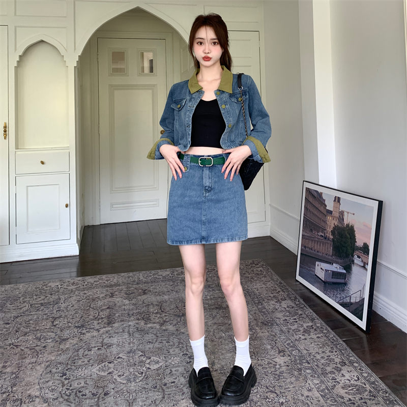 Large yard with belt skirt fashion denim coat a set