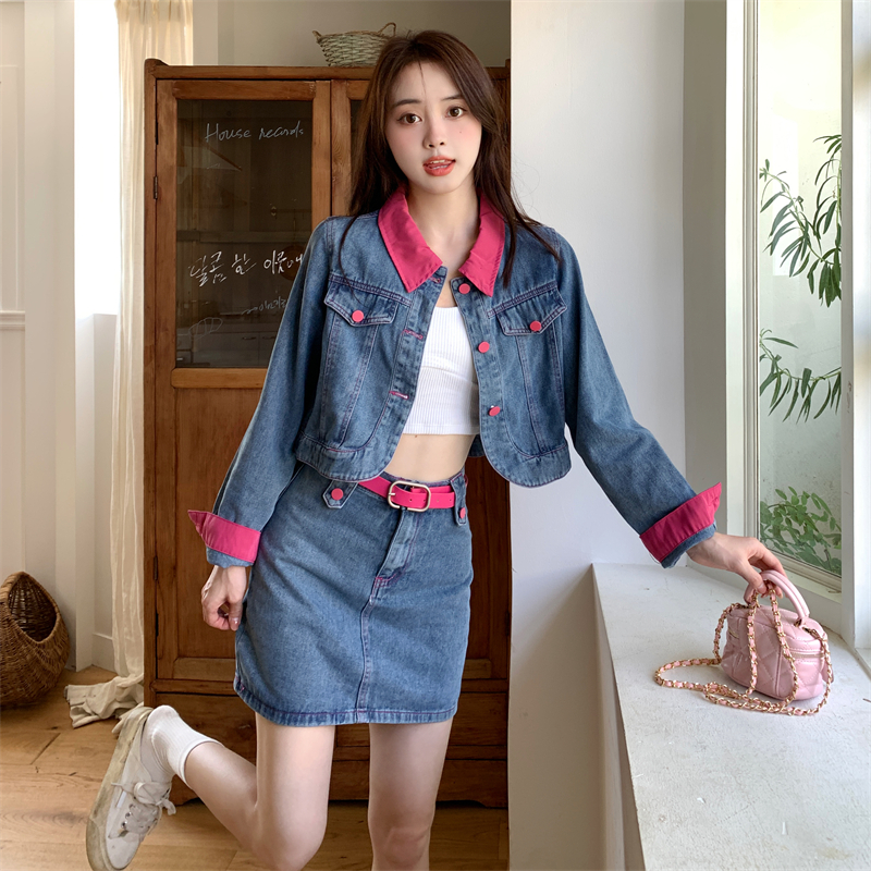 Large yard with belt skirt fashion denim coat a set