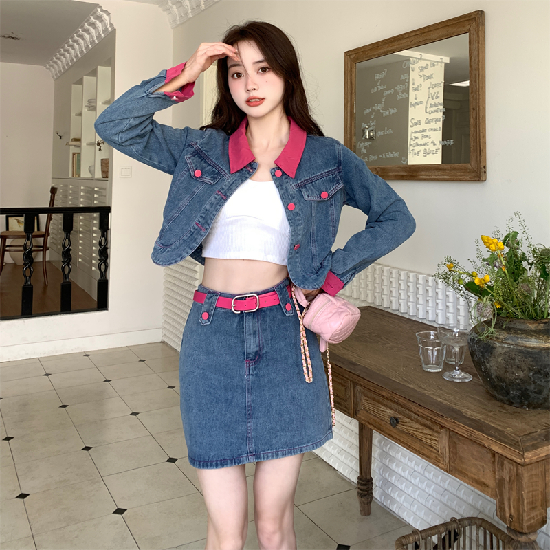 Large yard with belt skirt fashion denim coat a set