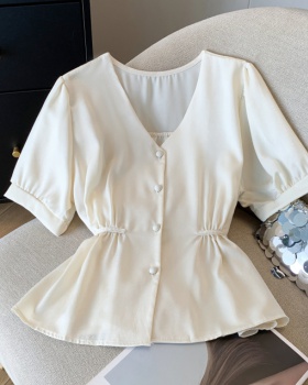 V-neck chiffon slim tops summer pinched waist shirt