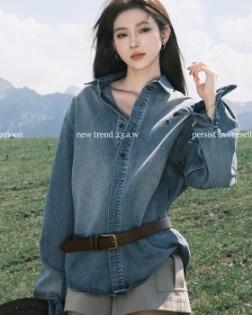 Washed embroidery autumn straight denim lazy coat