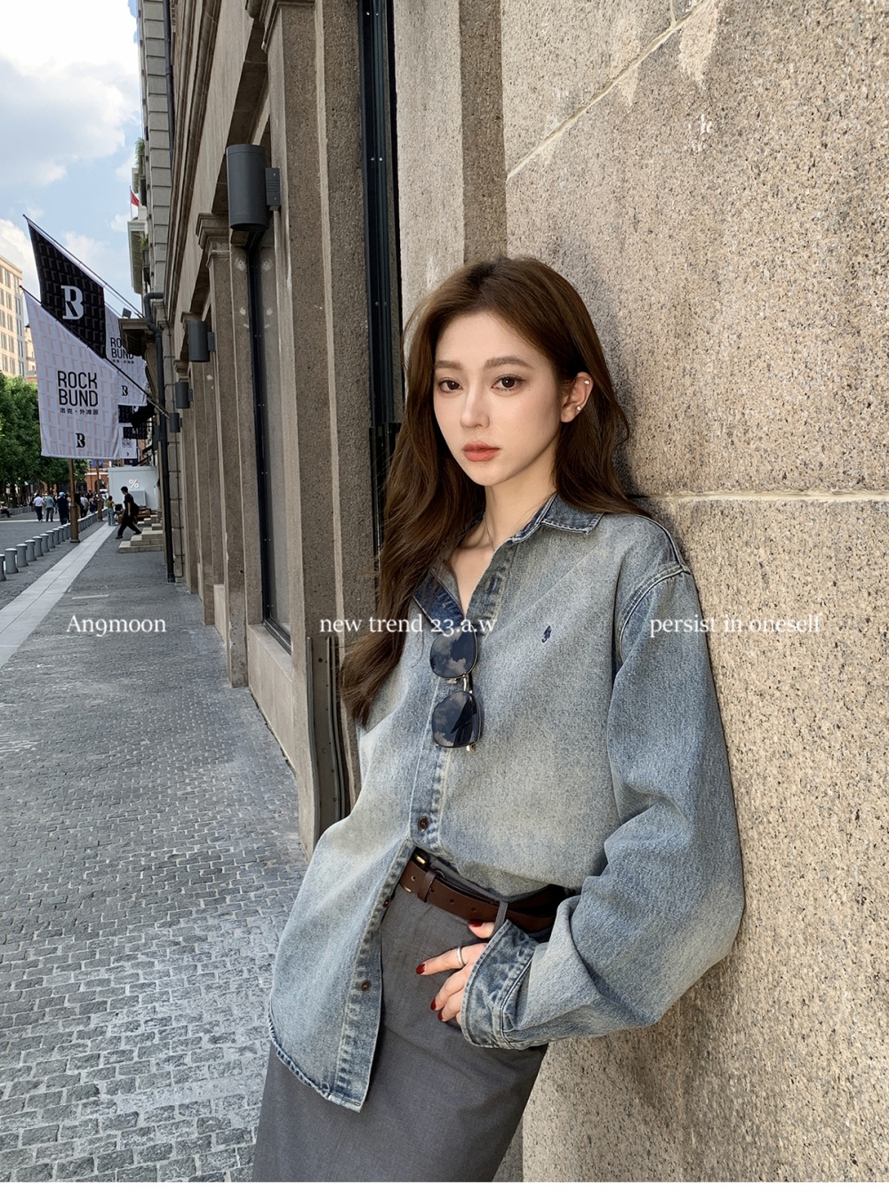 Washed embroidery autumn straight denim lazy coat