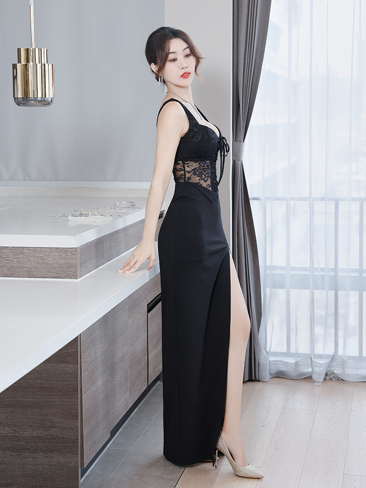 Sexy black night show long dress ladies model formal dress